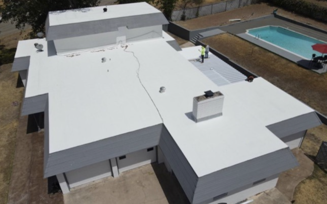 Aerial photo of a coated roof of a commercial building